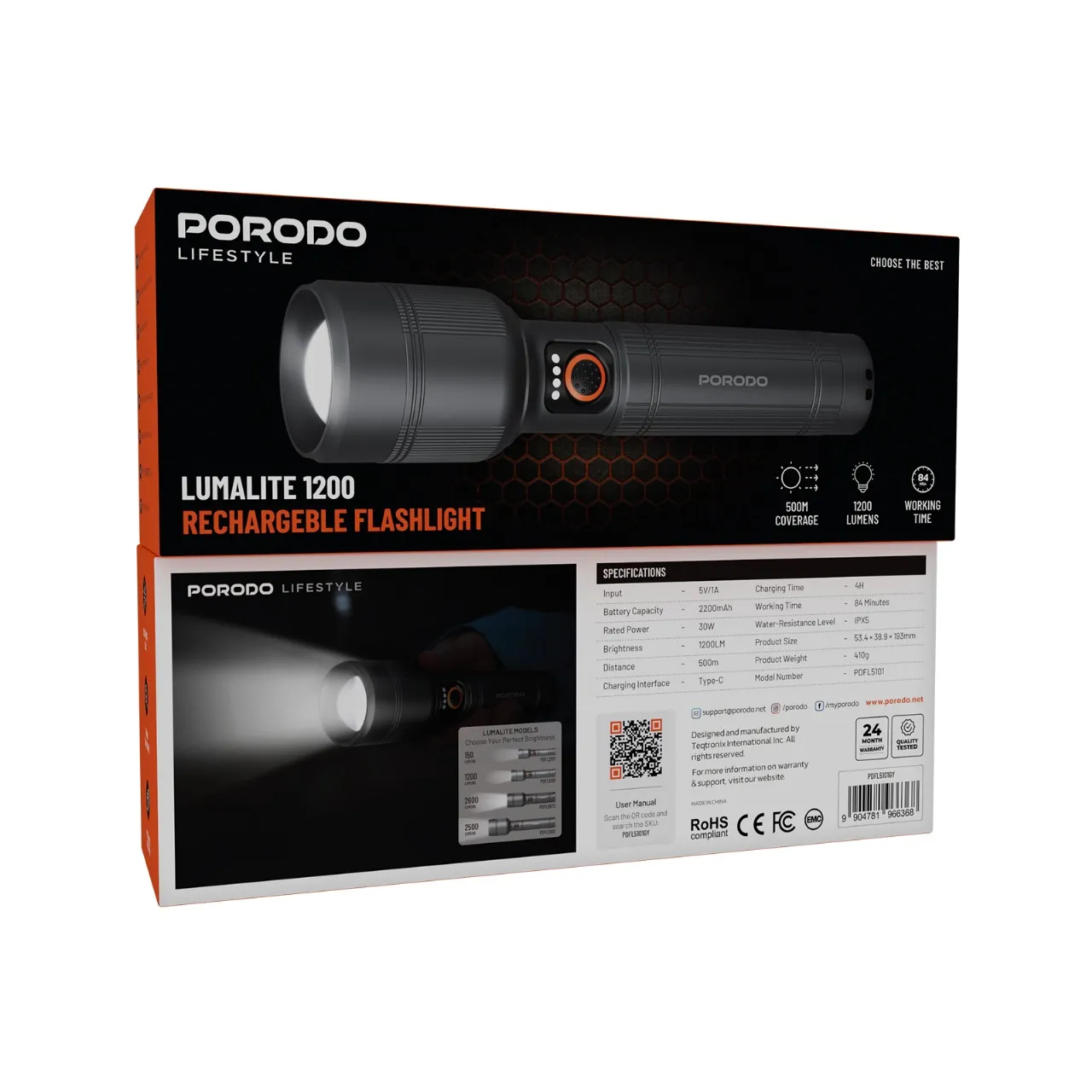 Porodo Lifestyle Lumalite 1200 Rechargeable Flashlight long range 500 meter beam
