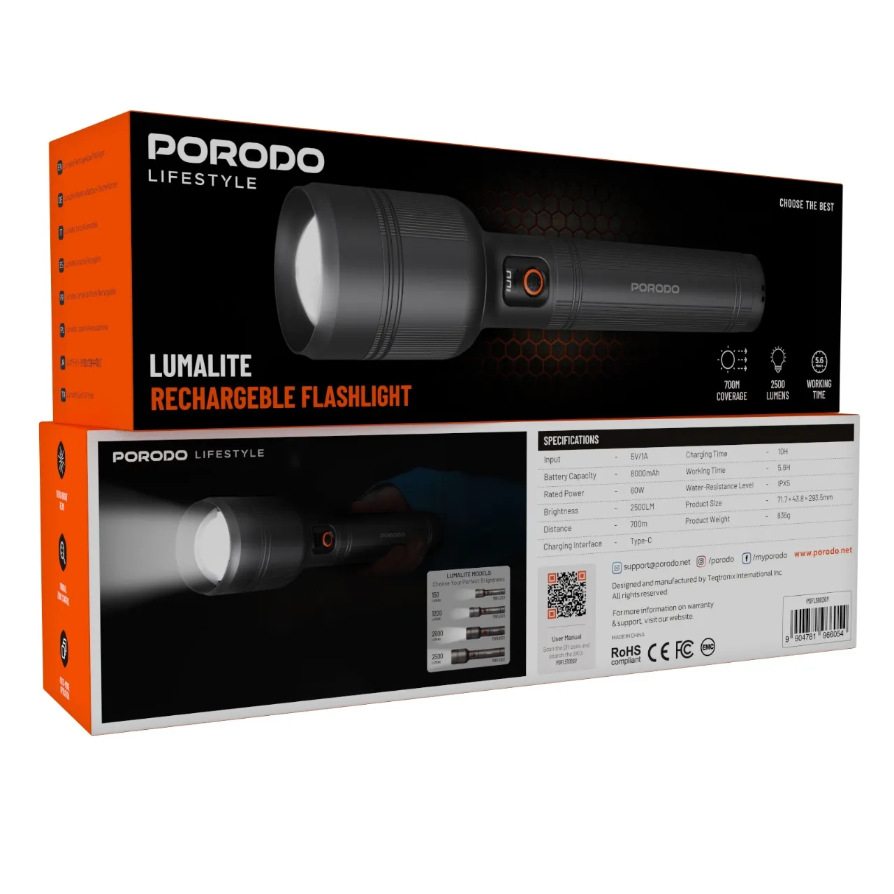 Porodo Lifestyle Lumalite 2500 Rechargeable Flashlight for camping and hiking