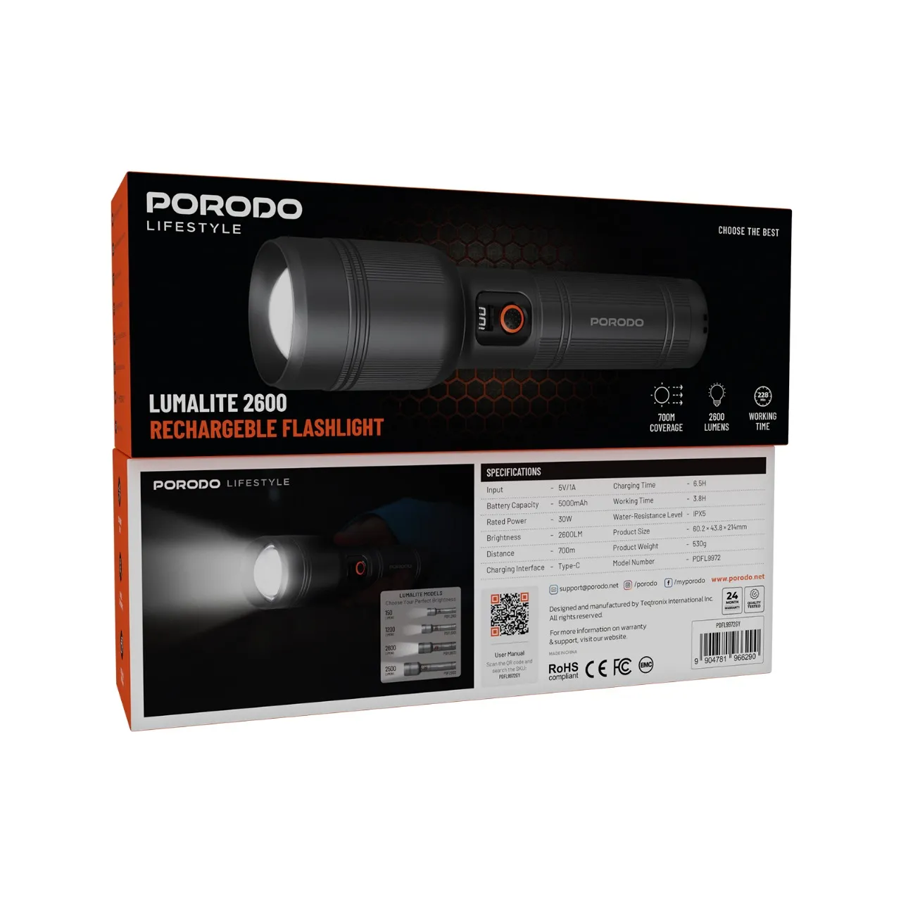 Porodo Lifestyle Lumalite 2600 Rechargeable Flashlight for camping and hiking