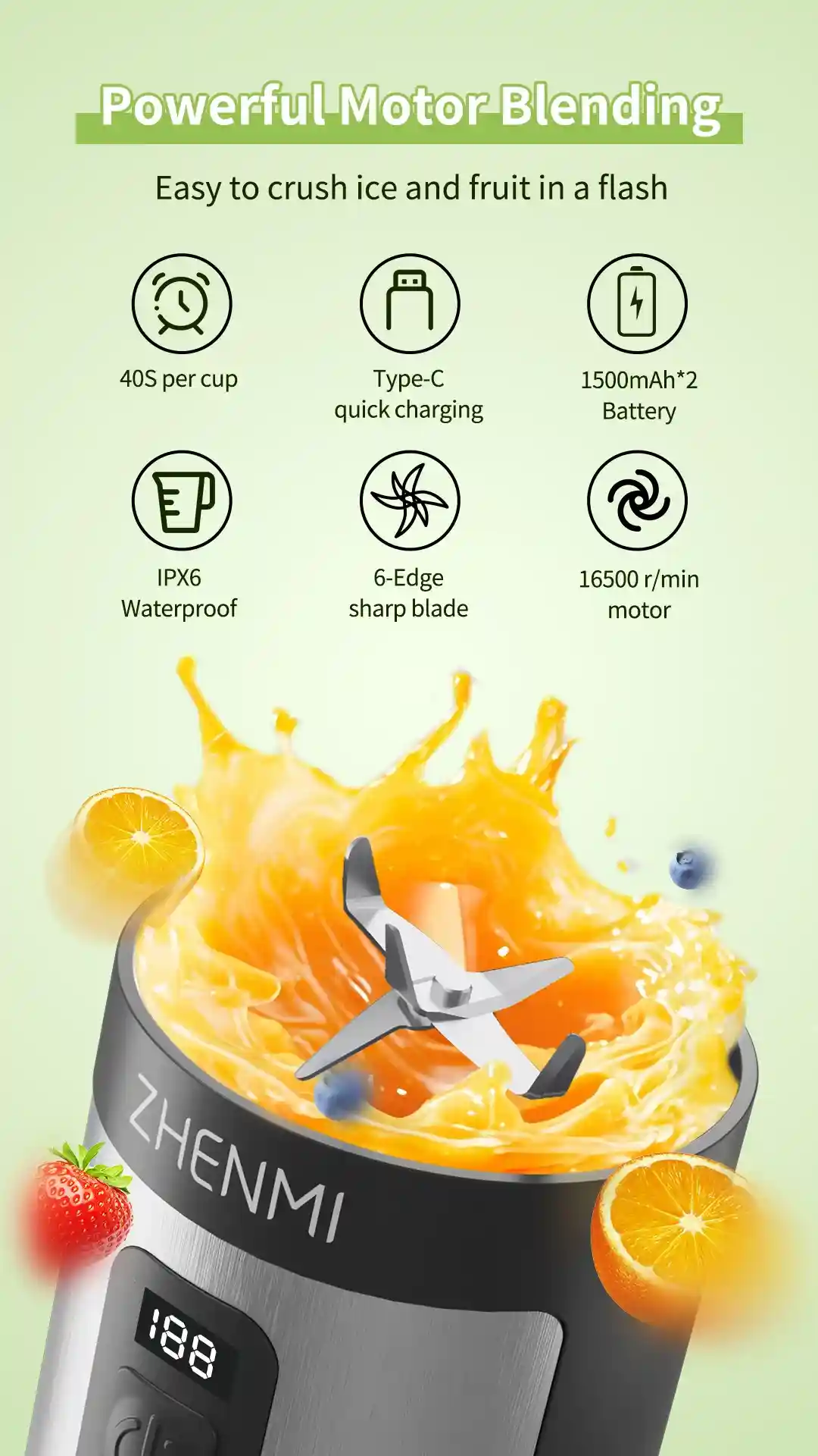 Zhenmi J17 Portable Blender for Smoothies Shakes and Frozen Drinks