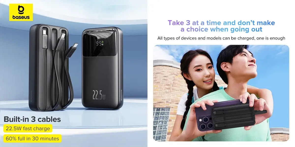 Baseus PPMD2-20 Triple Cable 20000mah Power Bank with 22.5W fast charge ideal for travel and load shedding backup