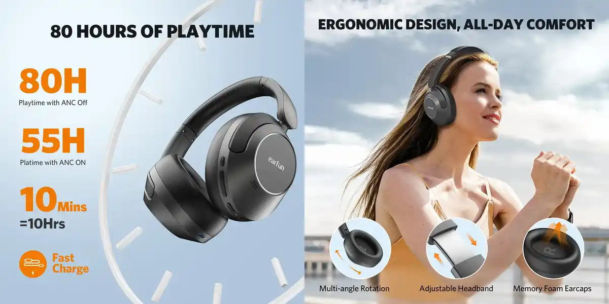 Hi-Res audio EarFun over-ear headphones Wave Pro with 40mm DLC Drivers