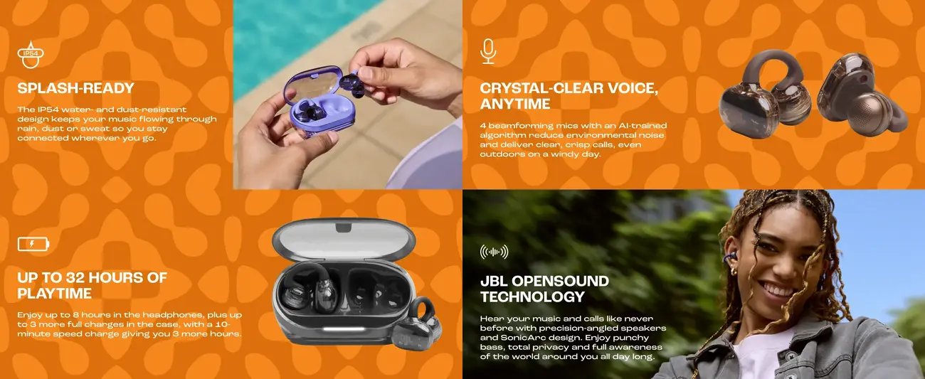 JBL Open-Ear Earbuds Soundgear Clips with adaptive bass and long battery life