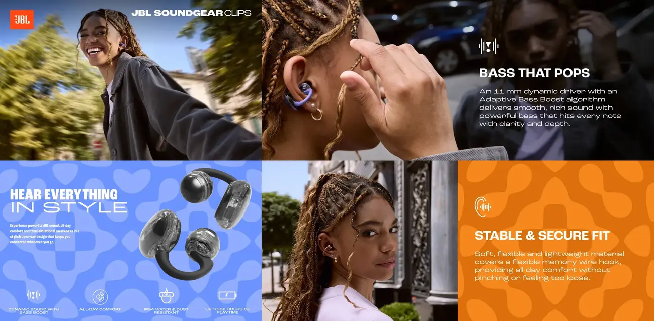 JBL clip-on Earbuds Soundgear Clips for clear calls and immersive JBL sound