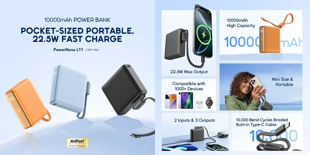 oraimo OPB-7103C PowerNova L11 compact mini power bank with digital display and multi-device charging