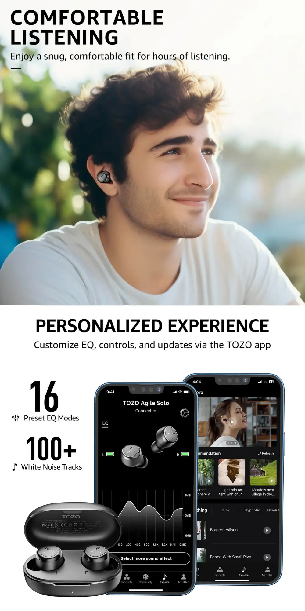 Affordable wireless earbuds TOZO Agile Solo with Bluetooth 5.3 stable connection