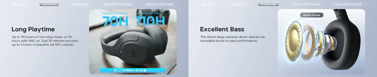 Tribit QuietPlus 81 ANC headphones with deep bass and XBass mode