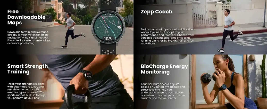 Amazfit smartwatch Active Max with built in GPS offline maps and Zepp Coach AI training