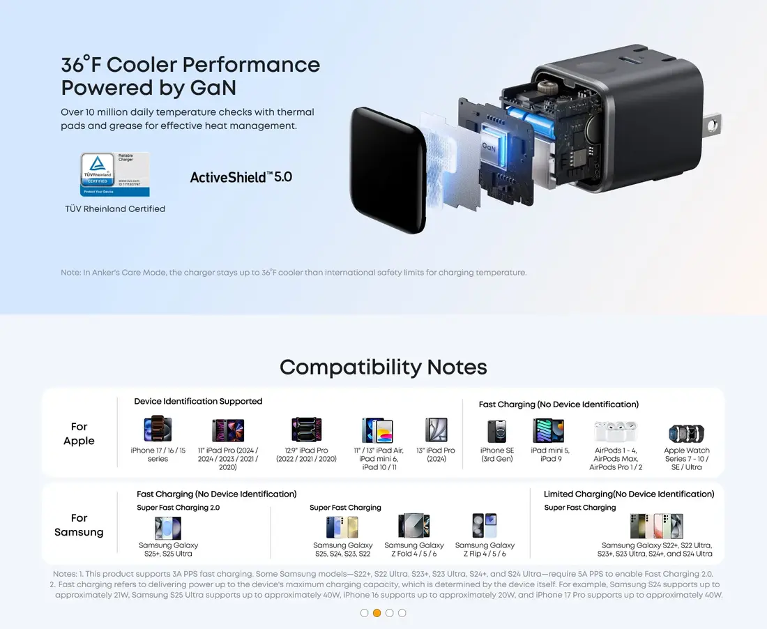 Anker Nano 45W GaN Charger for fast iPhone charging with TÜV-certified Care Mode and low heat output