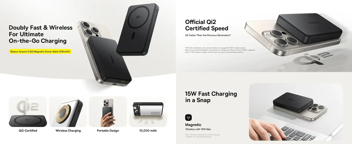 Baseus PPWPQ10-20 Qi2 10000mAh Airpow II MagSafe Power Bank with 15W wireless and PD fast charging