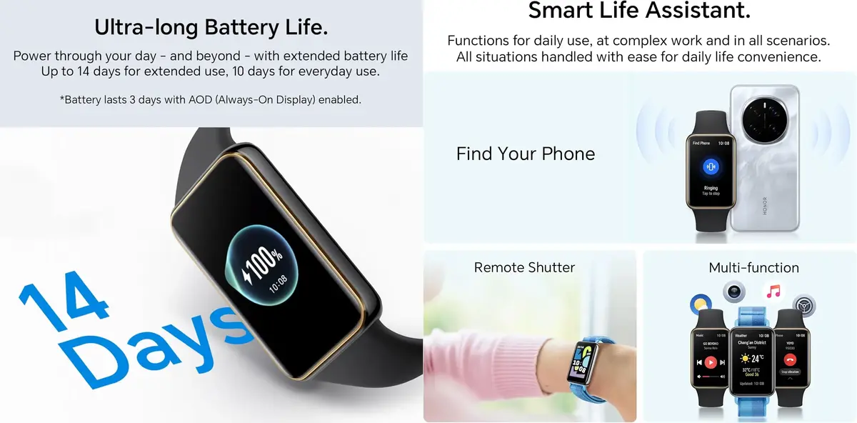 HONOR Smart Band 10 60Hz AMOLED display fitness tracker with long battery backup