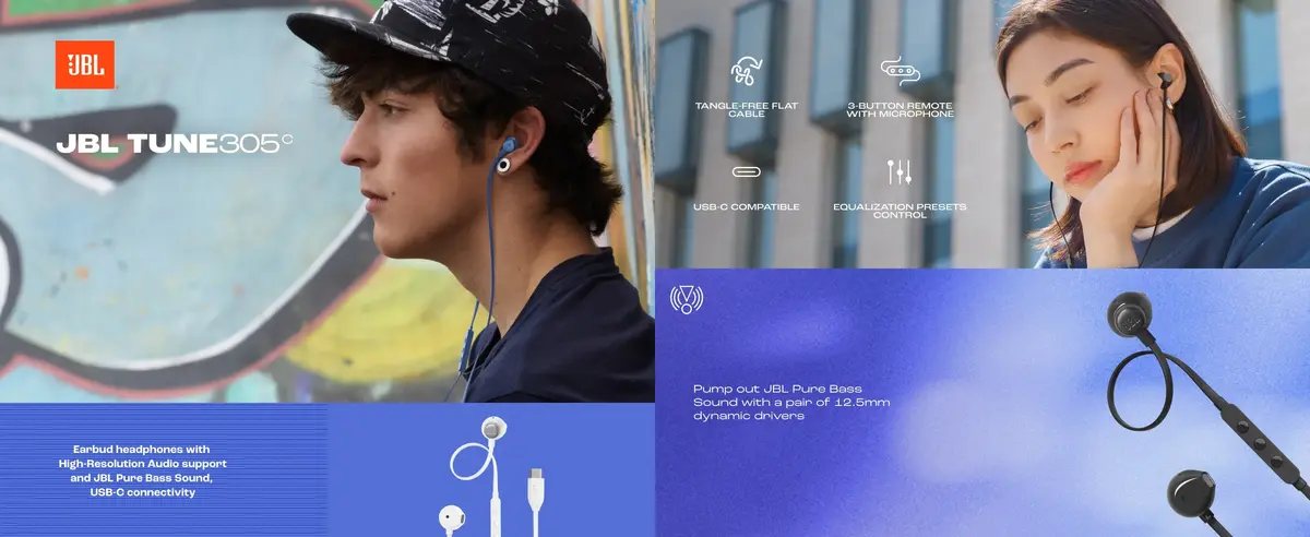 JBL Best Type-C Earphone for Gaming Tune 305C with low latency sound performance