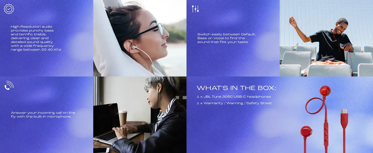 JBL Type-C Earphone Tune 305C half in-ear design for comfortable long use