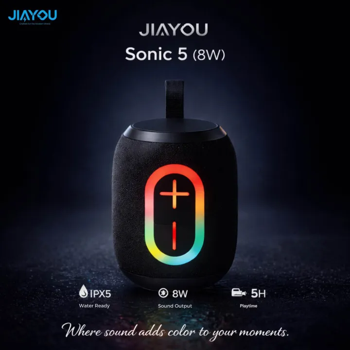 JIAYOU Portable Speaker Sonic 5 with Bluetooth 5.4 connectivity and compact design for travel and indoor use.