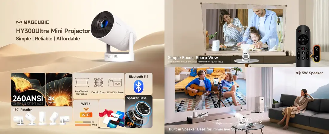 Magcubic Android Projector HY300 Mini Ultra streaming movies via WiFi in a small living room.