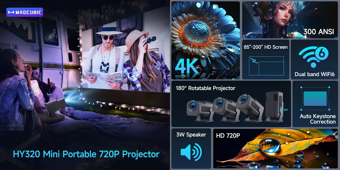 Magcubic Android Projector HY320 Mini streaming device with 4K decoding and built-in apps for cinema-like experience