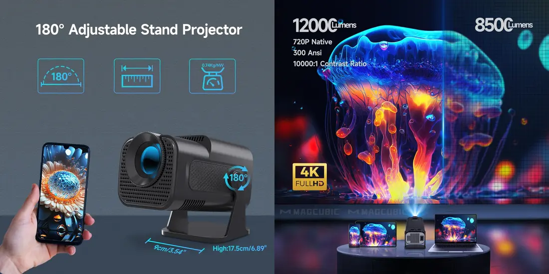Magcubic Mini Smart Projector HY320 for bedroom, living room, and backyard entertainment with auto-focus feature