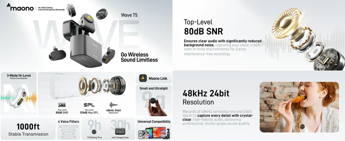 Maono T5 Wireless Microphone compact lightweight mic for YouTube Facebook live and online classes