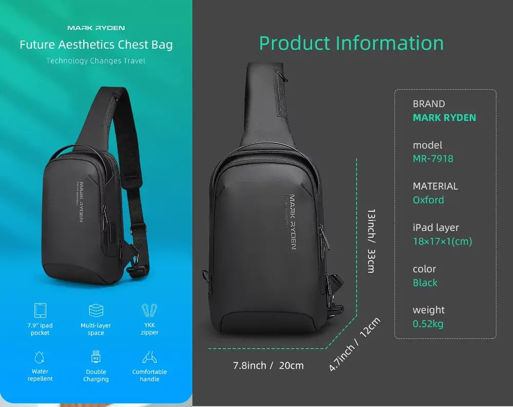 MARK RYDEN Sling Backpack MR7918 compact crossbody bag with hidden back pocket and ergonomic adjustable strap