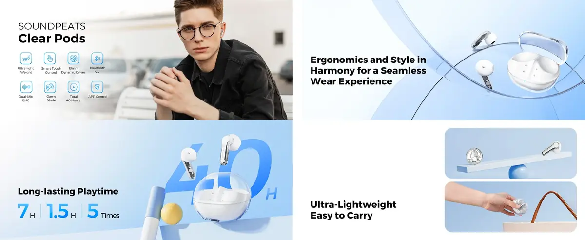 SoundPEATS Clear Pods transparent wireless earbuds with 40 hour battery backup in Bangladesh