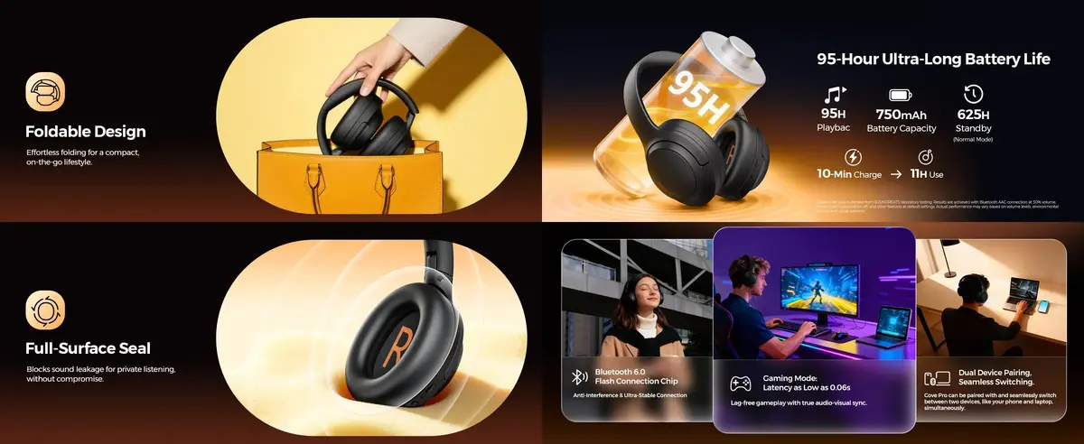 SoundPEATS Hi-Res LDAC Headphones Cove Pro featuring 40mm titanium driver and spatial audio
