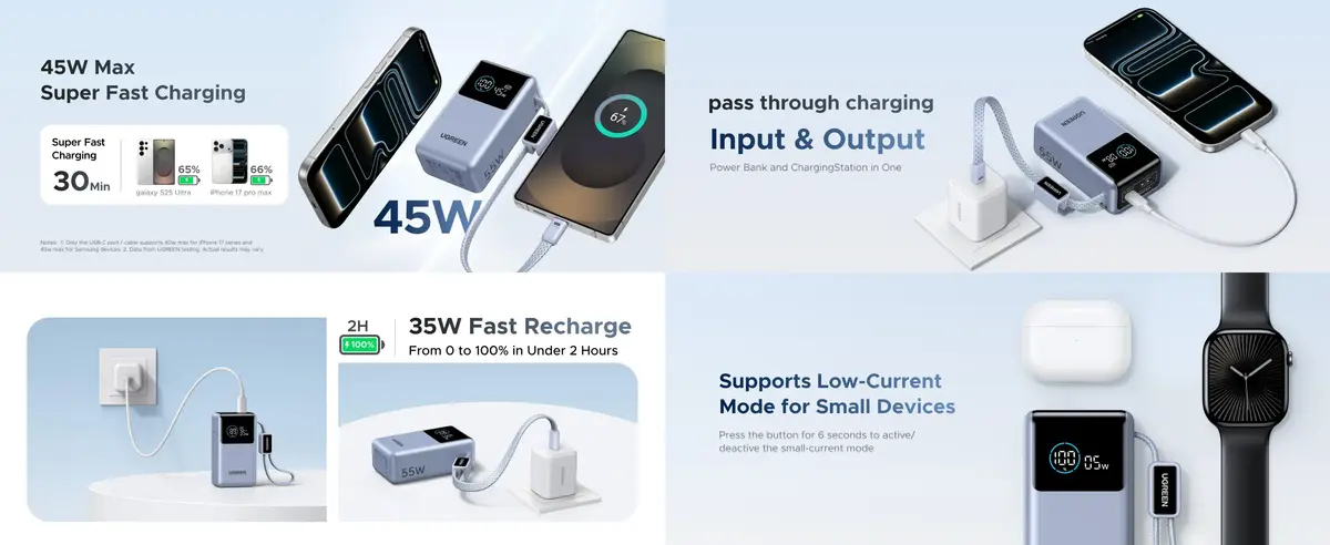 UGREEN Nexode Pro 10000mAh 55W Fast Charging Power Bank mini travel-friendly battery pack with PD 3.0 and QC 3.0 support