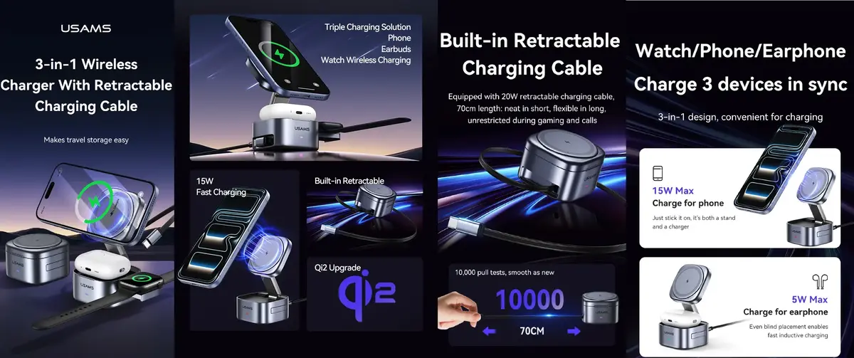 Best price USAMS Qi2.0 3-in-1 Magnetic Wireless Charger in BD
