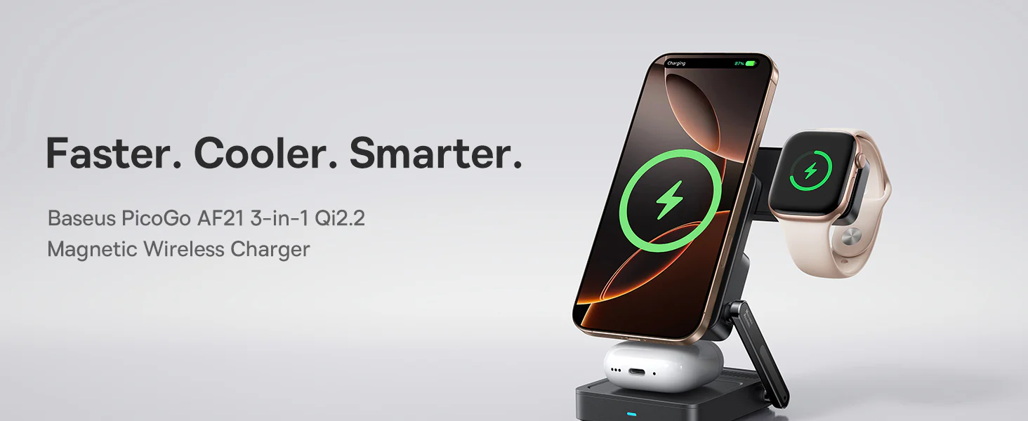 Baseus PicoGo AF21 3-in-1 wireless charging station with Qi2.2 fast charging for iPhone Apple Watch and earbuds