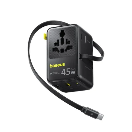 Baseus 45W PicoGo AG11 Universal Travel Adapter compact foldable charger with built in cable for travel convenience