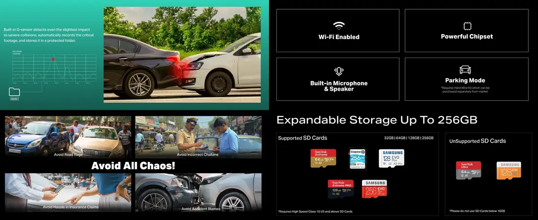 boAt AD0001 Hive Dashcam E1 256GB supported dashboard camera with emergency recording and loop recording feature