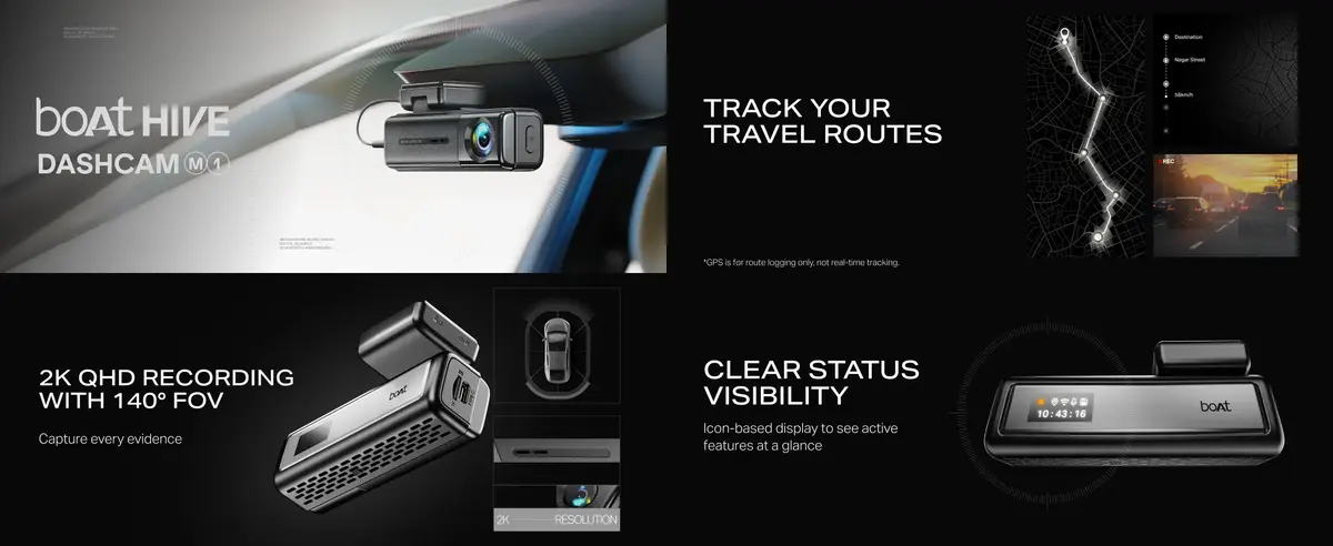 boAt M1 Hive Dashcam with voice command control and 512GB micro SD support for long road trips recording