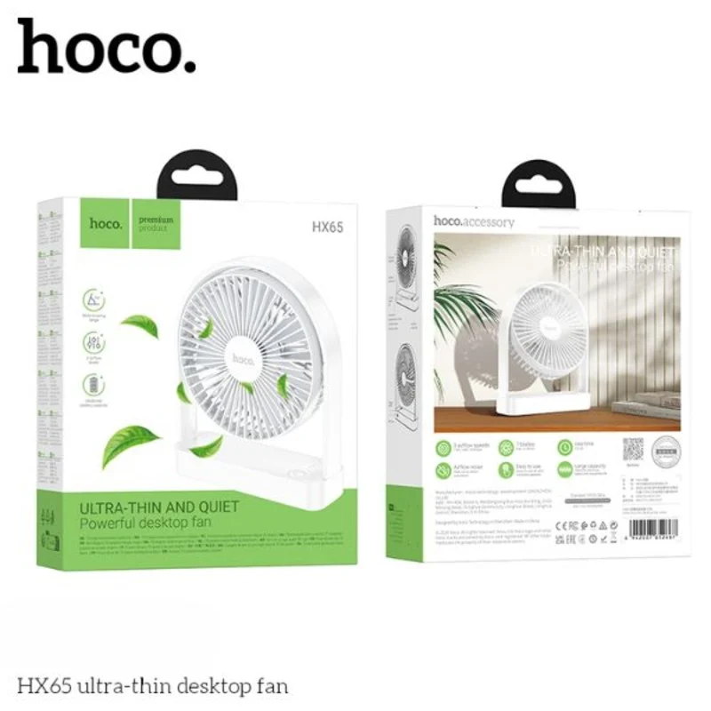 Hoco Ultra-thin Desktop Fan HX65 delivering whisper-quiet performance with 2000mAh battery and modern slim design.
