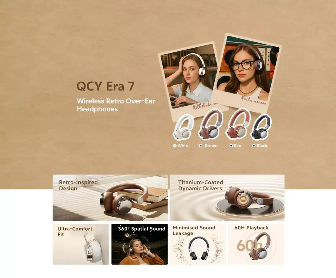 QCY Era 7 wireless retro over ear headphones with 60 hours battery and titanium drivers in Bangladesh