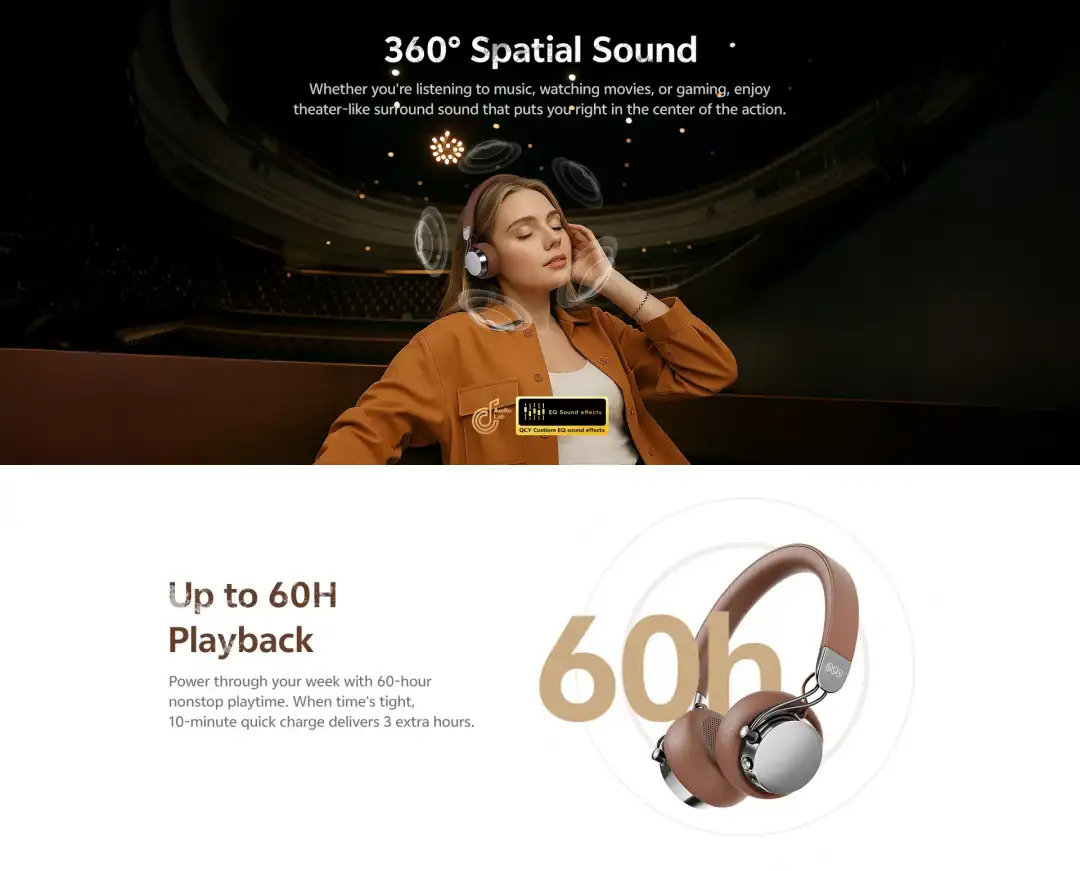 QCY Retro Wireless Headphones Era 7 with dual device Bluetooth connectivity and spatial sound experience