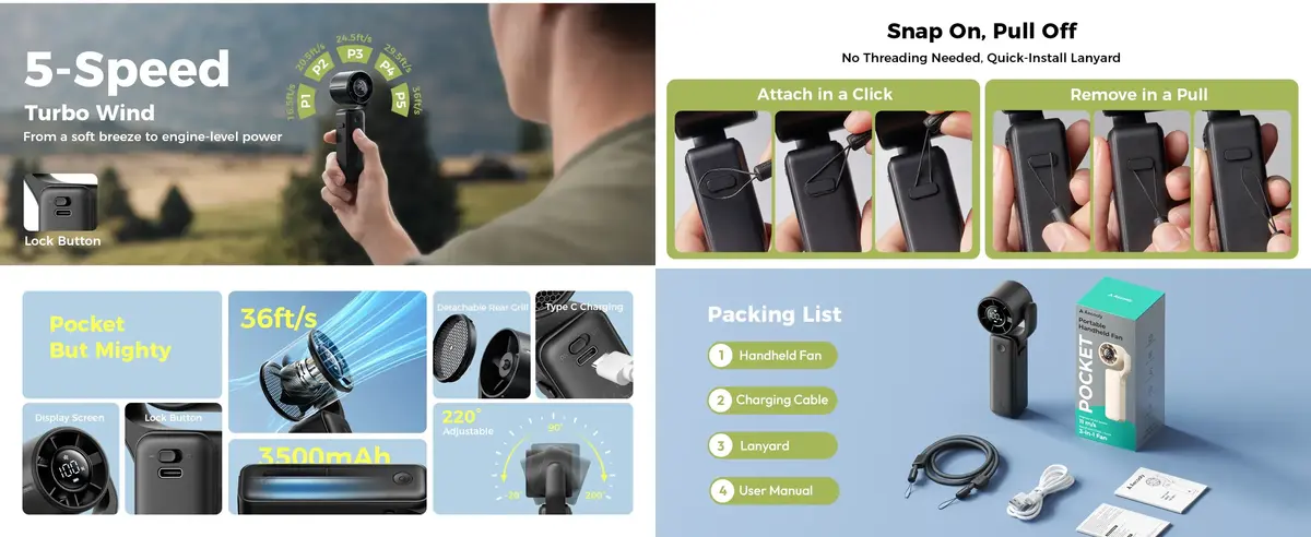 Aecooly Portable Handheld Fan AirGimbal 3-in-1 versatile fan for desk, neck, and handheld modes