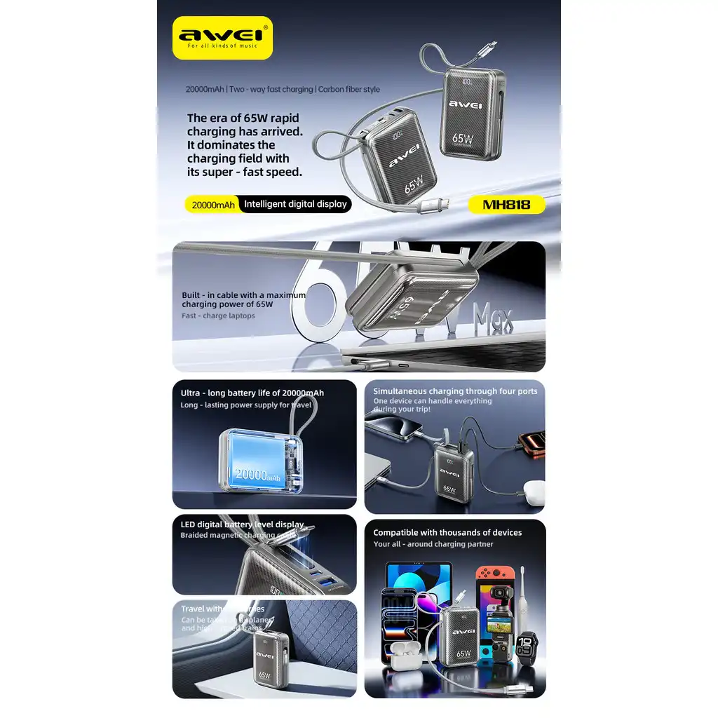 20000mAh 65W Awei MH818 power bank with built in cable for travel and office use in BD