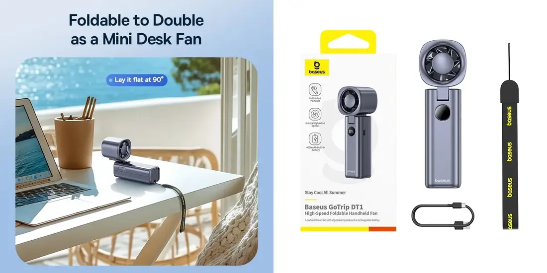 Baseus GoTrip DT1 rechargeable portable fan with 4000mAh battery for long lasting cooling support