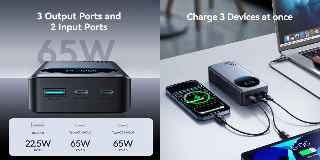 Joyroom 65W JR-PBF05 Pro Power Bank high performance fast charger supporting PD 65W output for MacBook iPhone and Android devices