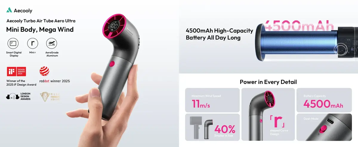 Aecooly Aero Ultra turbo handheld cooling fan with powerful 19000 RPM airflow and LED display