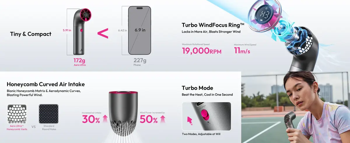 Aecooly PH03 Aero Ultra Handheld Fan with premium aluminum body and 7 speed cooling modes