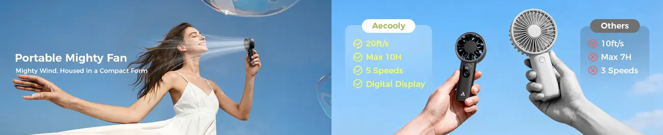 Aecooly Halo 03 portable handheld cooling fan with powerful airflow and smart digital display