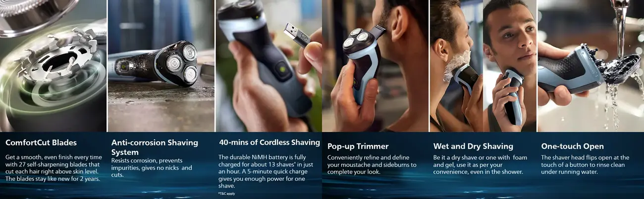 Philips cordless waterproof shaver with self sharpening ComfortCut blade system
