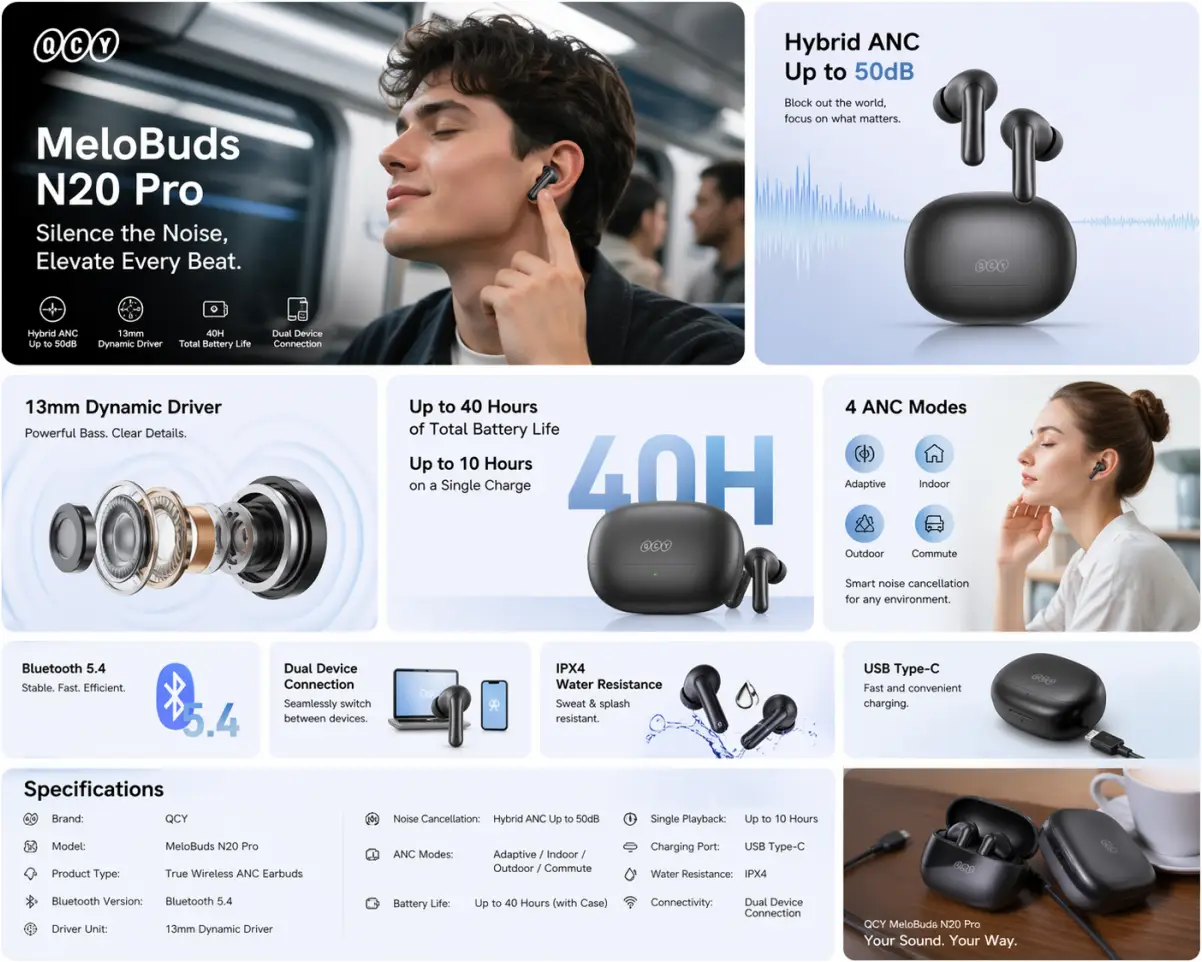 QCY MeloBuds N20 Pro wireless earbuds with powerful hybrid ANC and immersive audio performance