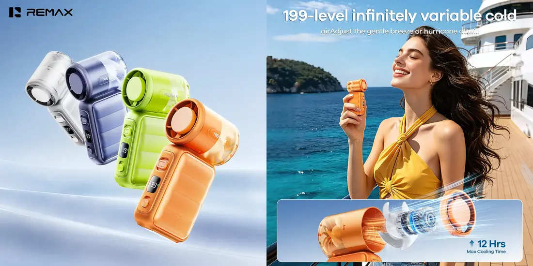 REMAX RS-SF25 handheld portable cooling fan with 199 speed airflow and rechargeable battery for summer