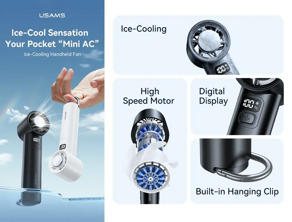 USAMS ZB361 portable handheld cooling fan with advanced ice cooling technology and turbo airflow