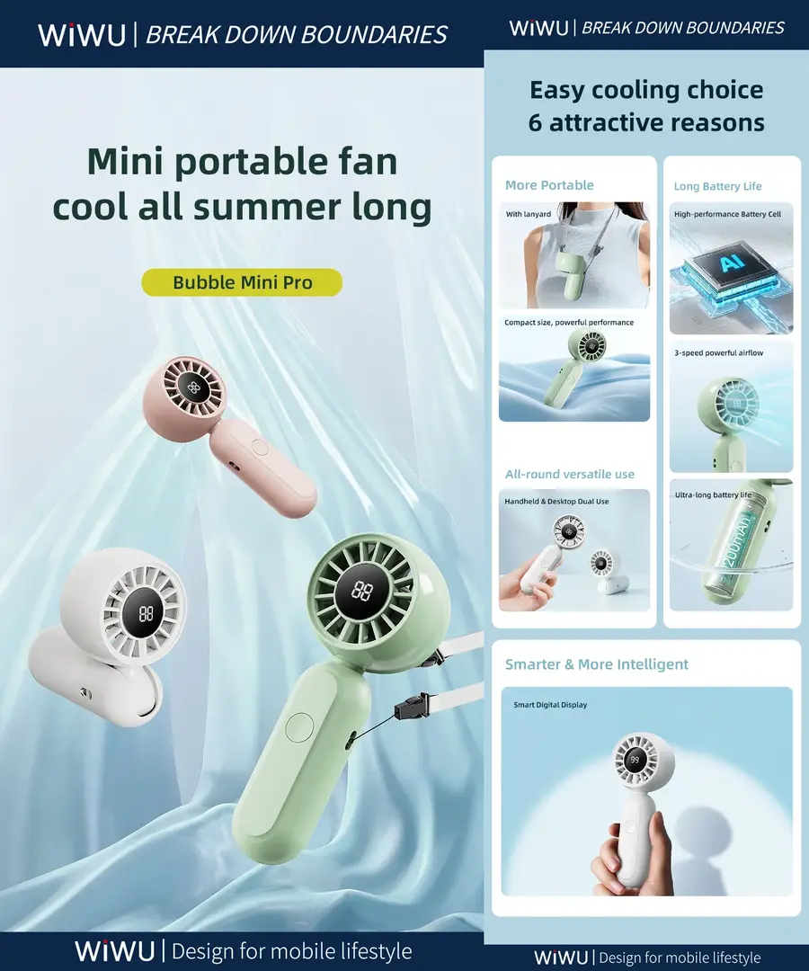 WiWU Wi-FS017 Bubble Pro mini handheld cooling fan with foldable design and digital battery display