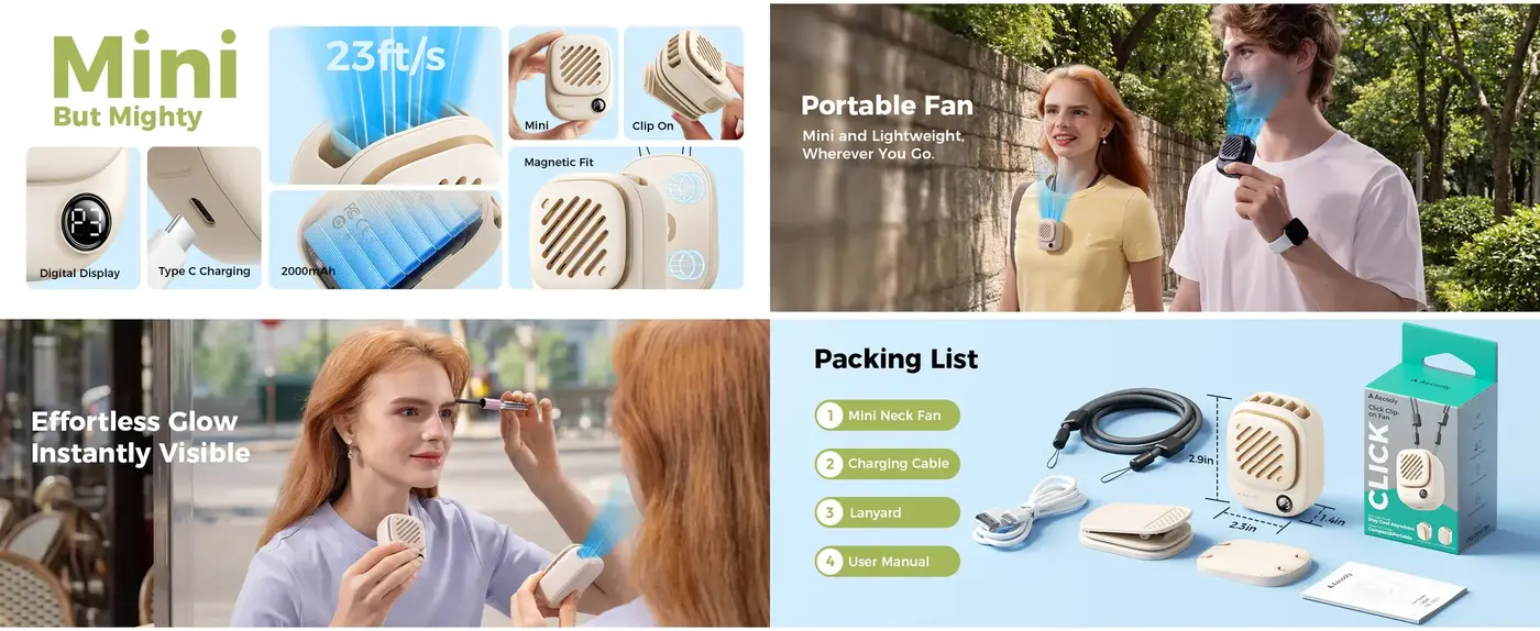 Aecooly NK01 Magnetic Clip-On Fan lightweight wearable cooling fan for travel, office, and outdoor use