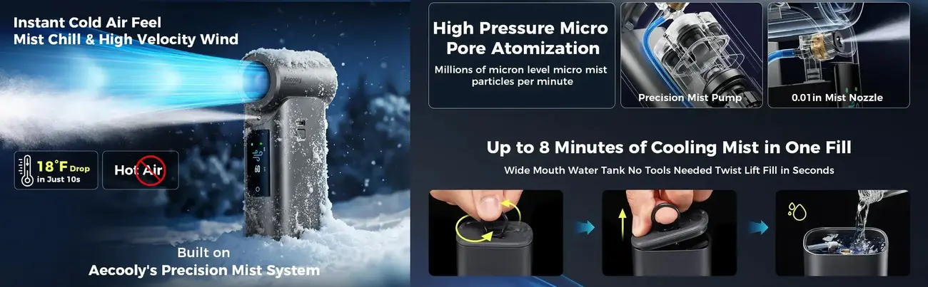 Aecooly Cold Air Ultra portable mist cooling fan with 7000mAh rechargeable battery