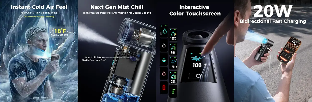 Aecooly PM01S Portable Misting Fan with 70000RPM turbo airflow and touchscreen