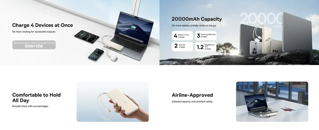 Baseus FC41 Power Bank with dual built in USB-C cables and multi device charging support